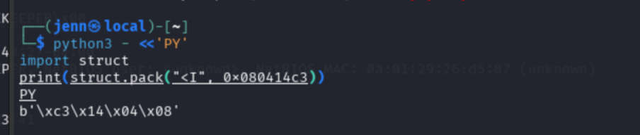struct.pack converting 0x080414c3 to little-endian bytes b'\xc3\x14\x04\x08'